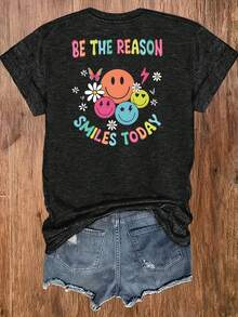 WomenWomen'S Casual Sports T-Shirt| Fun Smiling Face Design, Lightweight & Breathable Fabric, Perfect For Beach And Park Outings - A Versatile And  Addition To Your Wardrobe For Endless Joyful Adventures - 黑色 - 查看 2