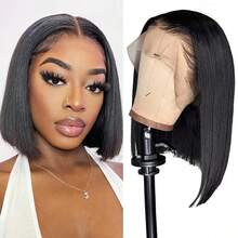Black 26-Inch 13x4 HD Lace Front Wig For Women Short Bob Straight Hair With Preplucked Hairline 180% Density Heat Resistant Synthetic Mixed Human Blended Hair Wig Natural Color - Natural & Black - View 7