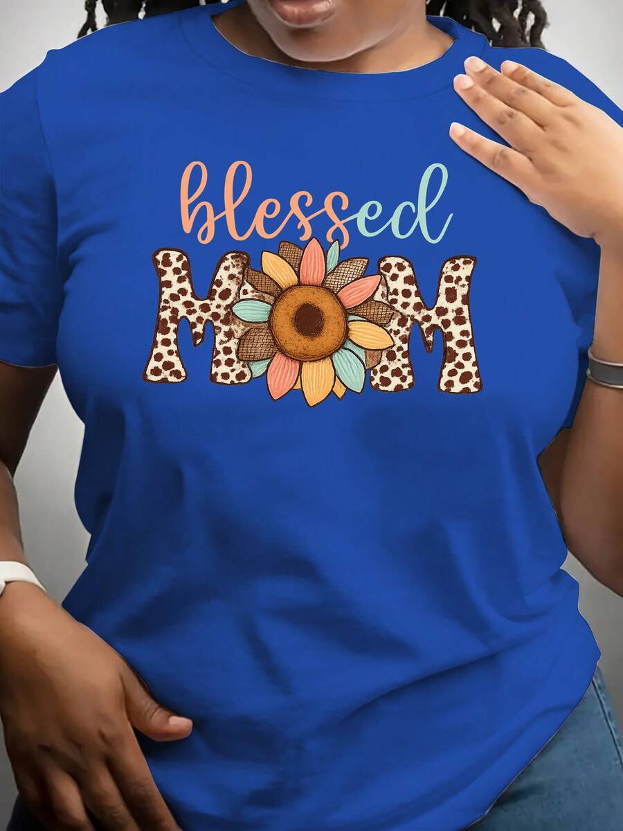 GiftGiftLeaf Camiseta de Manga Corta con Estampado Floral, Cuello Redondo, Casual de Verano, Camiseta de Tweed Floral para el Día de la Madre, Top para Mujer, Regalo para el Día de la Madre, Suave. - Azul - Ver 1
