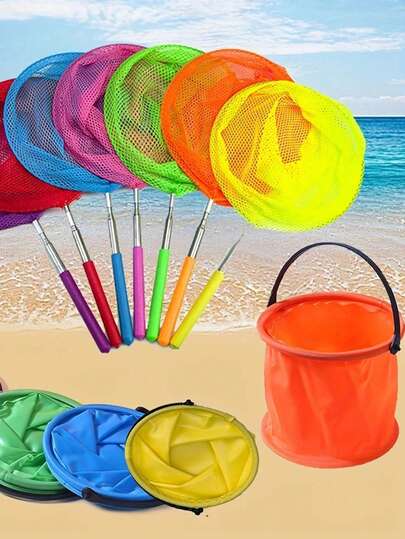 2pcs/Set Summer Beach Catching Set - Foldable Fishing Bucket With Stainless Steel Telescopic Insect Net Bag, Butterfly Net, Colorful Mini Skimmer Net, Suitable For Outdoor, Swimming Pool, Beach, Travel, Camping, Picnic, Outdoor Nature Exploration, Gardening Party, Beach Essentials, Pool Float