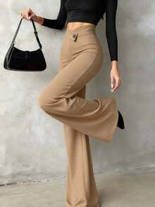 Pantalones rectos negros sólidos, casuales y elegantes para mujer.La línea de cintura asimétrica en forma de V acentúa las curvas, adecuados para uso diario, oficina, citas y vacaciones de primavera - Caqui - Ver 4