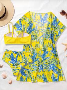 3 Piezas Traje de Baño Bikini para Mujer,Bañador,con Brasier Push Up, Short de Baño de Tiro Bajo y Blusa de Manga Larga para Sol, Estampado de Árboles Tropicales en Verde, Conjunto Sexy y Moderno de Playa para Vacaciones de Verano - Amarillo - Ver 4