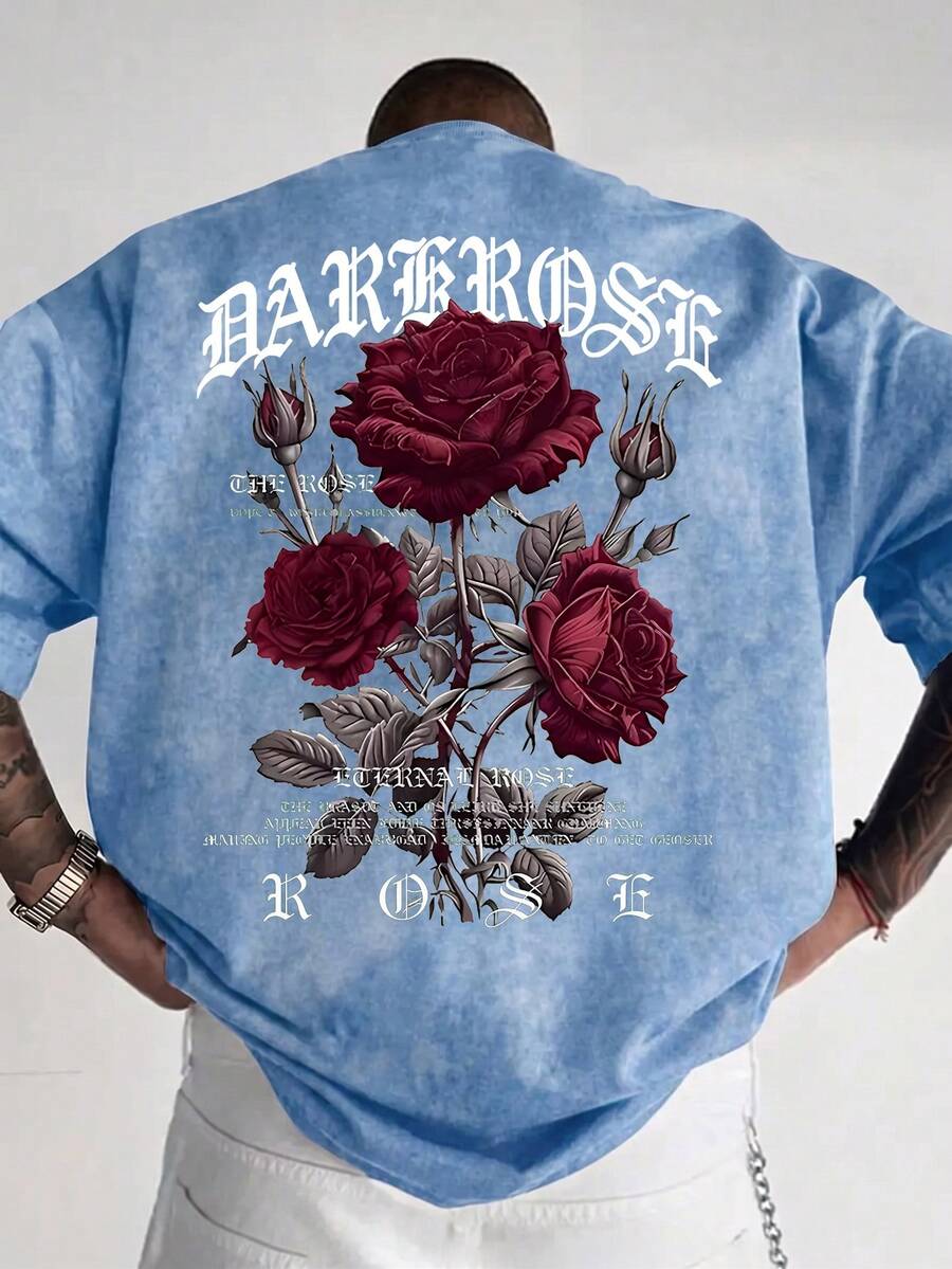 Zrgoth Men's Casual Versatile Rose Flower Print Short Sleeve T-Shirt - Baby Blue - View 1