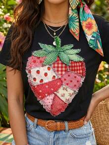 Retro Quilted Strawberry Print T-Shirt - Short-Sleeved Crew Neck Casual Top, Lightweight And Breathable, Suitable For Spring And Summer Wear, Machine Washable, Brightly Colored Printed Short-Sleeved Shirt | Spring Everyday Wear Tropicoqueta Outfits - 黑色 - 查看 1