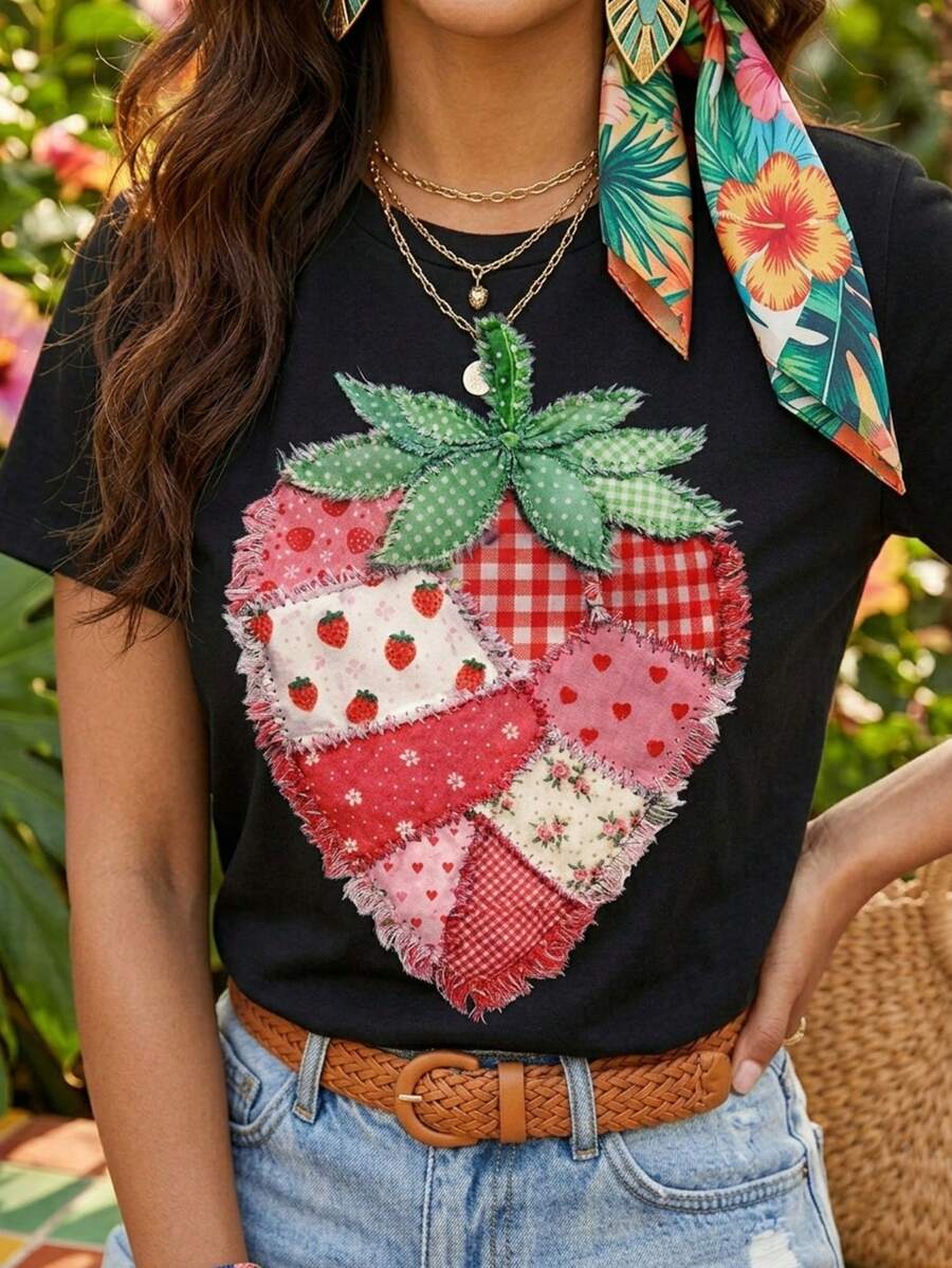 Retro Quilted Strawberry Print T-Shirt - Short-Sleeved Crew Neck Casual Top, Lightweight And Breathable, Suitable For Spring And Summer Wear, Machine Washable, Brightly Colored Printed Short-Sleeved Shirt | Spring Everyday Wear Tropicoqueta Outfits - 黑色 - 查看 1