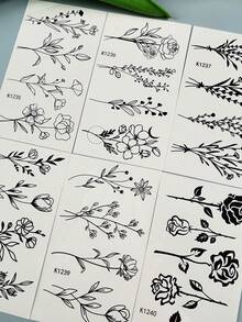 6pcs Ins Style Artistic Temporary Tattoo Stickers, Minimalist Black Patterns With Rose & Lily Elements, Suitable For DIY Hand, Shoulder, Back, Waist Daily Decoration, Photography, Dates, Travel And Daily Life,Sketch Style - Black - View 8