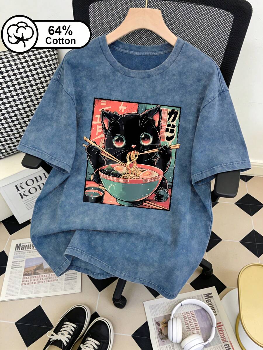 Áo thun ngắn tay nữ cỡ lớn, kiểu dáng thường ngày, in hình mèo đen ăn mì ramen, chất liệu vải bạc màu cổ điển, phong cách đường phố cá tính, thích hợp mặc mùa hè. - Màu xanh lam - Xem 1