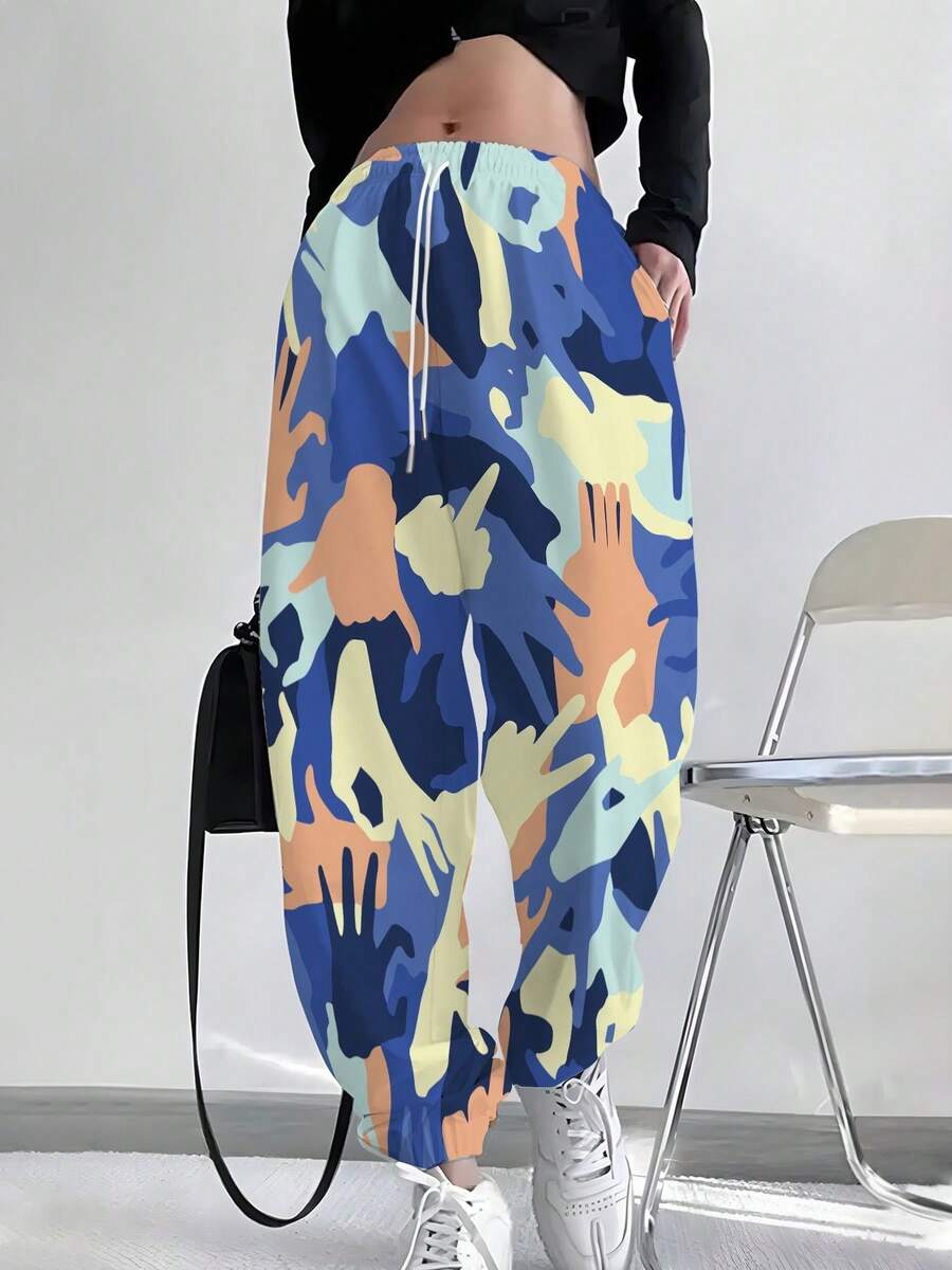 Women's Fashionable Casual Comfortable Trousers Abstract Camouflage Pattern With Blue Orange And Yellow Shapes Drawstring Design 3D Printed Athletic Sweatpants,Suitable For Everyday Wear In Spring, Summer And Autumn - style - 查看 1