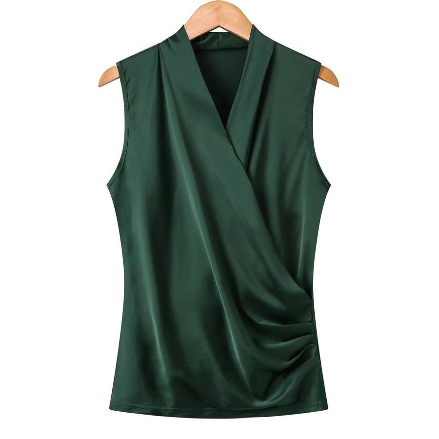 Nueva Blusa Sin Mangas de Satén Suave para Mujer, Top con Cuello en V, Corte Ajustado, Camisas para Usar por Fuera - verde - Ver 1