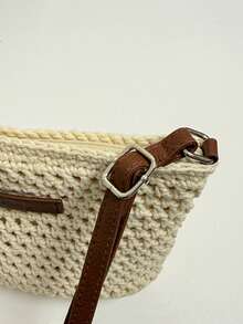 1pc Handmade Woven Mini Handbag, Detachable Chain Strap, Women's Summer Beach Travel Daily Crossbody Bag - Beige - View 8