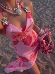 Women's Metal Buckle Draped Neck Floral Print Fishtail Dress, Vacation Fashion Beach Dress - Pink - View 2