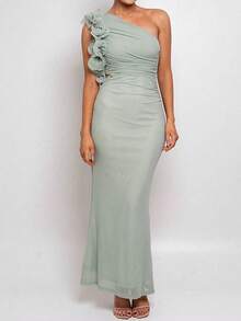 Women's Elegant Green Maxi One-Shoulder Dress With Ruffle Trim, Suitable For Weddings, Galas, Cocktail Parties, Sexy - Mint Green - View 2