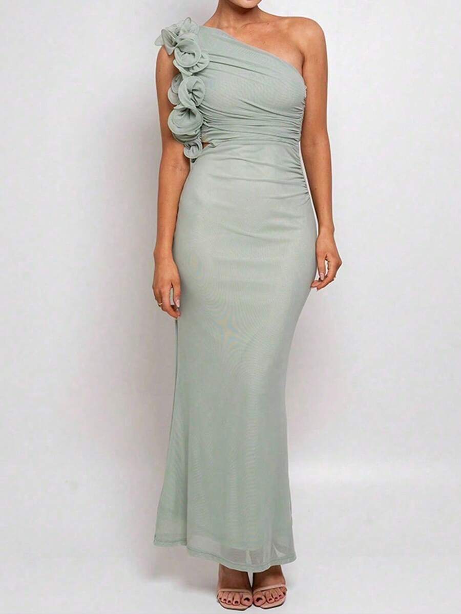 Women's Elegant Green Maxi One-Shoulder Dress With Ruffle Trim, Suitable For Weddings, Galas, Cocktail Parties, Sexy