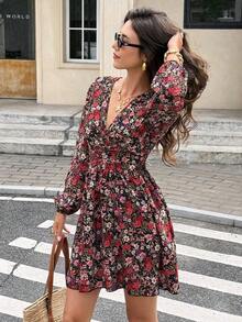 Vestido corto de vacaciones para mujer, estampado floral, cuello en V, mangas farol y cintura fruncida, ideal para primavera/otoño - Multicolor - Ver 5