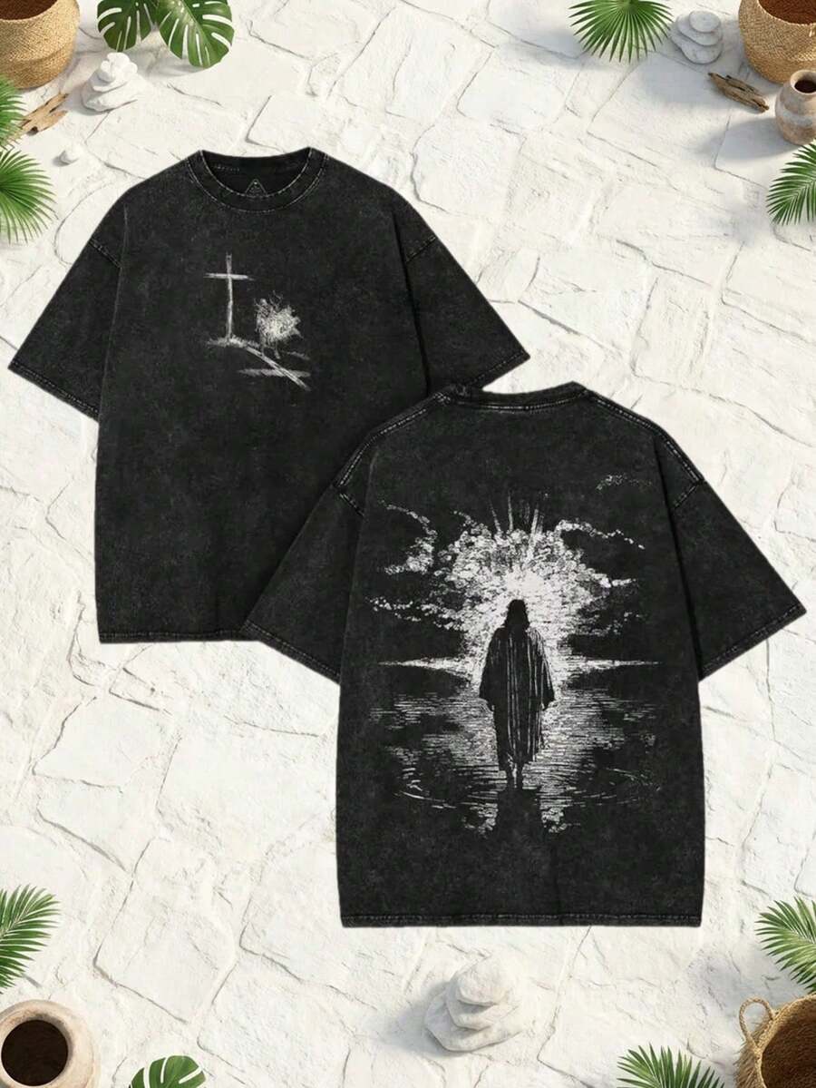 1pcs230g Washed, Fire Messenger Printed T-Shirt, High-Quality Wax Printed Pure Cotton Retro Fashion Brand, Men's Summer T-Shirt, Holiday Perfect Gift - 黑色 14 - 查看 1