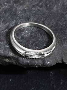 1pc Minimalist Vintage Embossed Stainless Steel Casting Ring, Silver Color Men's Jewelry, Thin Band - Silver - View 4