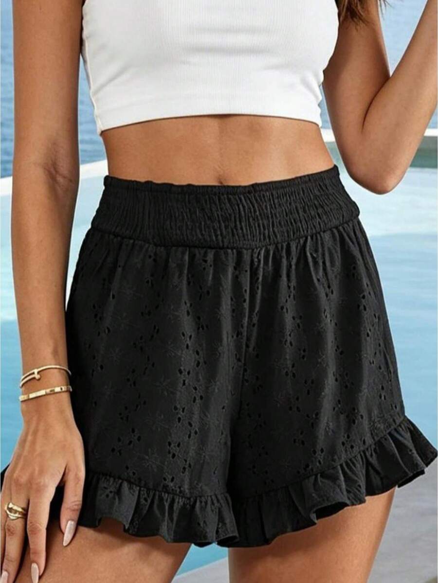 Womens Ruffled Shorts Loose Casual Embroidered Elastic Waist Summer Shorts For Beach Travel Vacations - Black - View 1