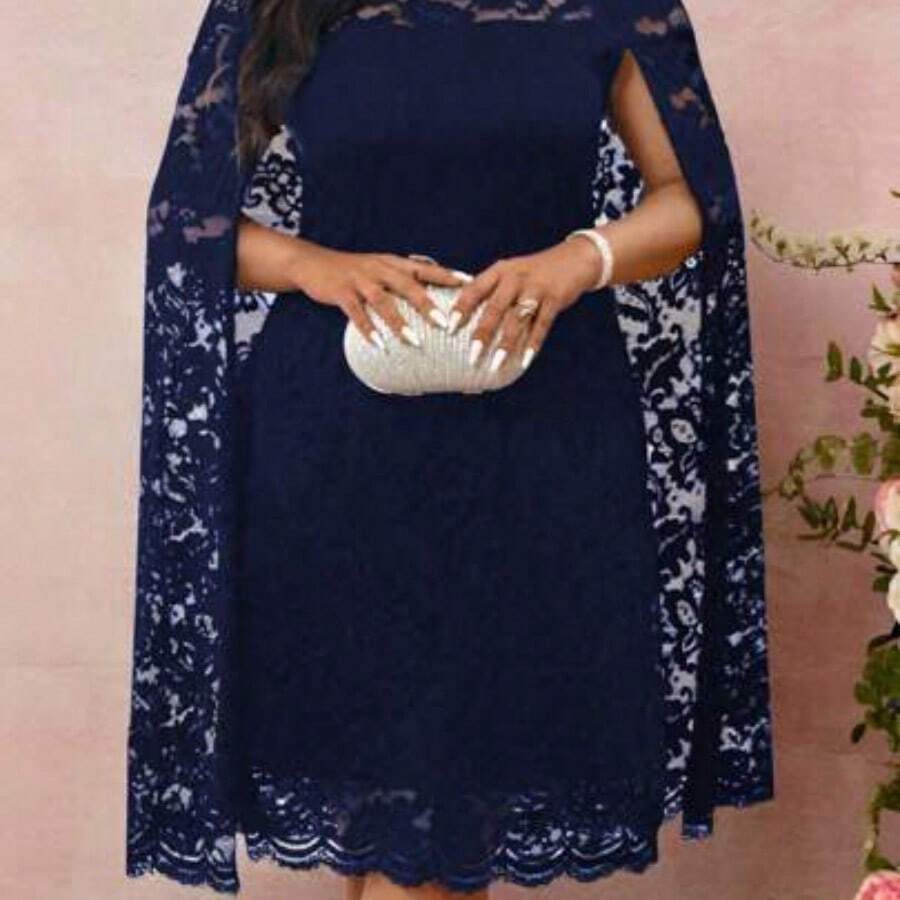 Women's Plus Size Round Neck Slit Long Sleeve Cape Loose Fit Lace Dress Summer Women Outfit Spring Dress Elegant Lace Dress Wedding Women Dress Romantic Dress Wedding Guest Business Casual Dress - Azul Marino - Ver 1
