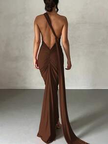Vestido de fiesta elegante de verano para mujer, de un solo hombro, ajustado y con espalda descubierta, de unicolor - Marrón - Ver 2
