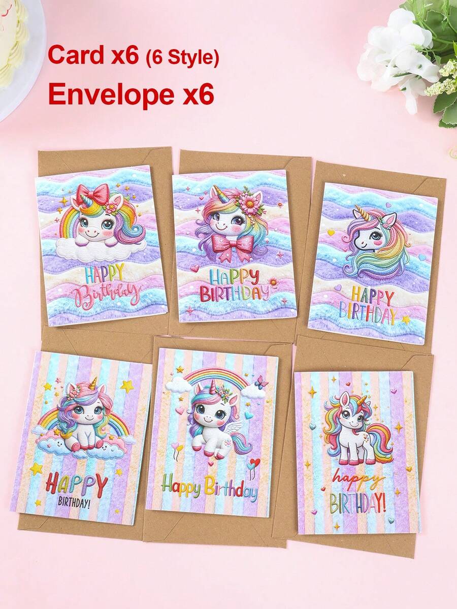 6张粉彩彩虹独角兽生日贺卡，含信封，牛皮纸信封，卡通独角兽和粉彩彩虹设计，水彩效果，适合婴儿派对装饰、女孩生日派对、独角兽主题派对、婚礼、新娘送礼会、性别揭晓派对装饰、儿童礼物、贺卡、感谢卡、派对邀请函、课堂礼物等。