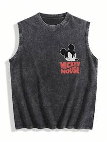 Disney 230g High-Quality Washed Cotton Crew Neck Tank Top, Angry Mickey Print, Loose Fit, Cool & Edgy Streetwear For Men. - 黑色 - 查看 3