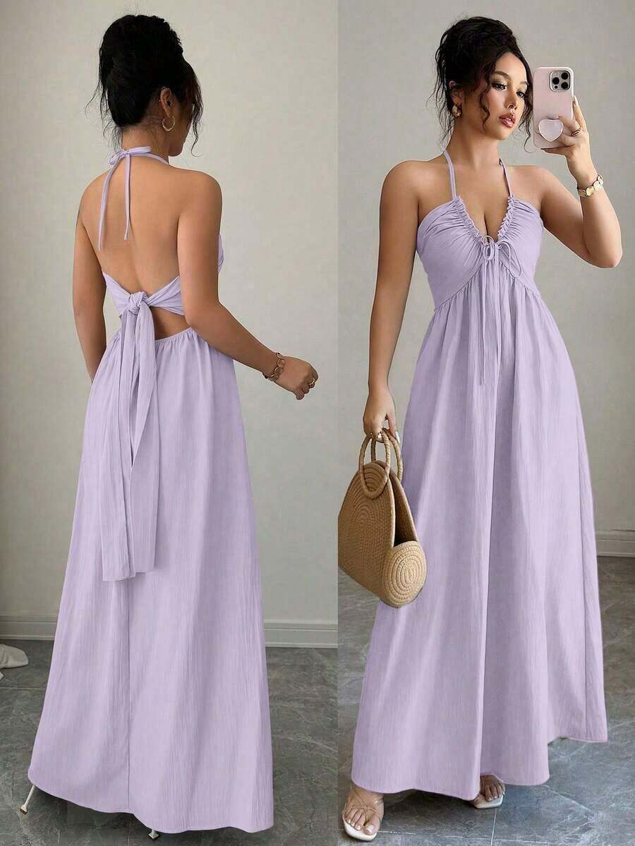 Vestido con cuello halter, espalda anudada y diseño calado acampanado - Morado - Ver 1