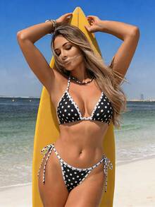 Women's Leopard Print Patchwork Tankini Top And Bottom Casual Swimwear Set, Summer Vacation Beach - Black and White Dot 1 - View 1
