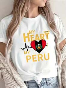 ropa de mujer Camisetas de verano de poliéster de manga corta, diseño de la bandera "Mi Corazón, Mi Perú", ligeras y cómodas, adecuadas para el hogar, restaurantes, actividades al aire libre y uso casual camisas de mujer - Blanco - Ver 1
