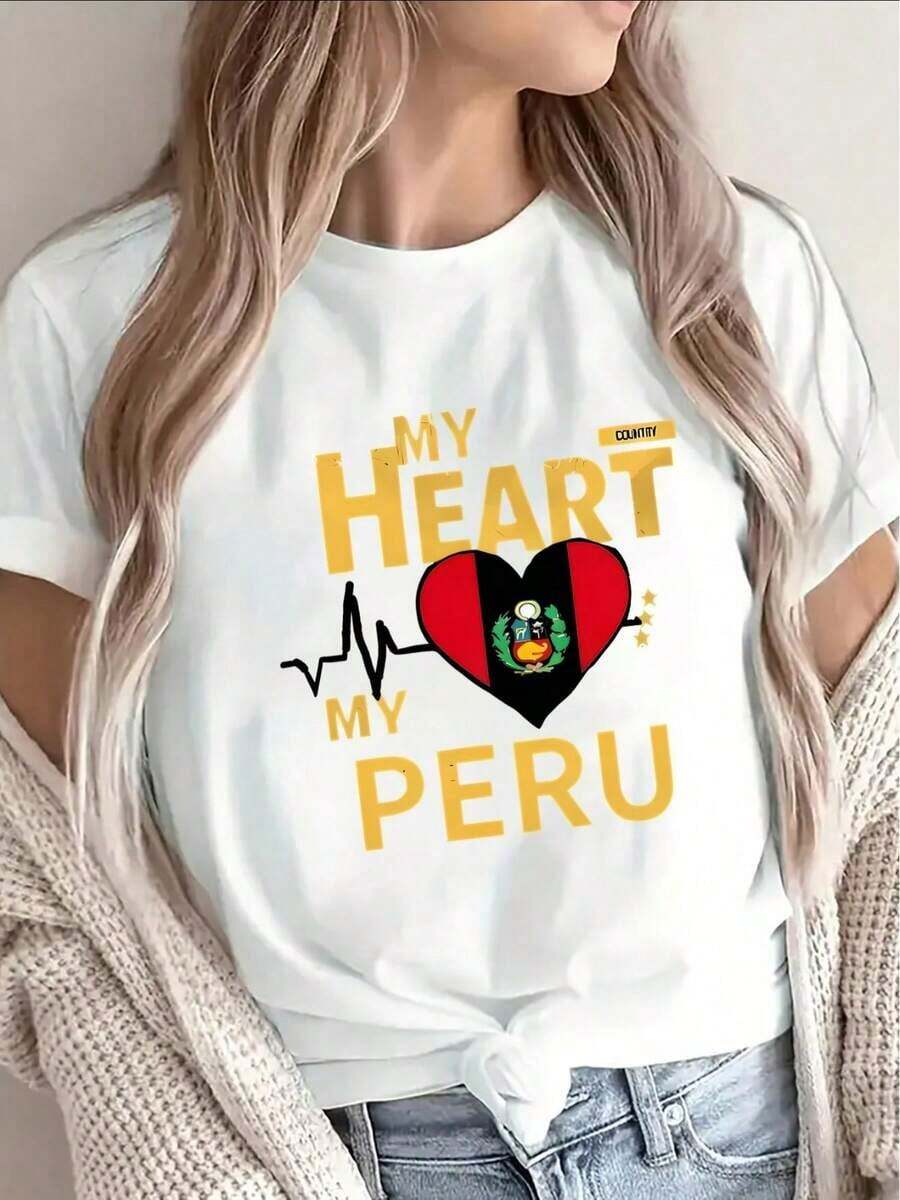 ropa de mujer Camisetas de verano de poliéster de manga corta, diseño de la bandera "Mi Corazón, Mi Perú", ligeras y cómodas, adecuadas para el hogar, restaurantes, actividades al aire libre y uso casual camisas de mujer - Blanco - Ver 1