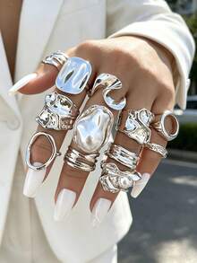 10pcs Fashionable, Elegant, Vintage Design Geometric Flower Irregular Texture Pleated Faux Pearl Twisted Rope Waterdrop Smooth Minimalist Metal Exaggerated Wide Chunky Ring Set, Suitable For Holiday, Party, Date, Gift, Daily Wear - Yellow Gold - View 12