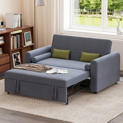 Jooli H 2 Seater Sofa Bed, 3-In-1 Convertible Fabric Pull Out Sleeper Sofa With 3-Position Adjustable Backrest, Side Pockets For Living Room, Guest Room, Dark Grey