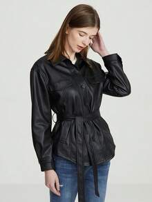 Women's Faux Leather Shirt Jacket Belted Slim Fit Button Down Mid Length Casual Retro Coat - Black - View 2
