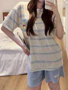 Gongdie Bộ đồ ngủ nữ Disney 2 món, bộ đồ ngủ ngắn tay bằng cotton mùa hè, họa tiết sọc Winnie the Pooh, chất liệu mềm mại. - Màu be - Xem 8