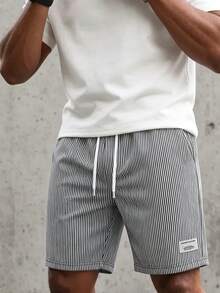Men's Striped Drawstring Waist Casual Summer Beach Shorts With Tag - White - View 2