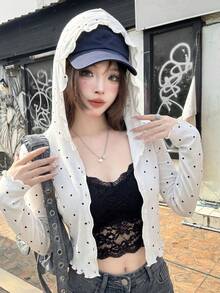2026甜美少女风波点印花女士针织开衫，连帽长袖罗纹荷叶边下摆修身短款针织上衣，温柔淑女针织衫，春夏休闲通勤、情人节、母亲节下午茶穿搭 - 白底黑點 - 查看 5
