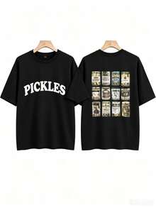 [Olive Green Sweatshirt] Soft Olive Green Crewneck Sweatshirt |     PICKLES Letter Print & Pickle Jar Graphic - Mid-Stretch Fabric, Machine Washable - 黑色2 - 查看 14