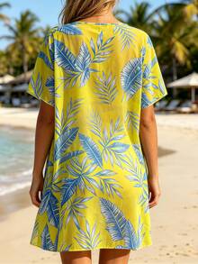 3 Piezas Traje de Baño Bikini para Mujer,Bañador,con Brasier Push Up, Short de Baño de Tiro Bajo y Blusa de Manga Larga para Sol, Estampado de Árboles Tropicales en Verde, Conjunto Sexy y Moderno de Playa para Vacaciones de Verano - Amarillo - Ver 2