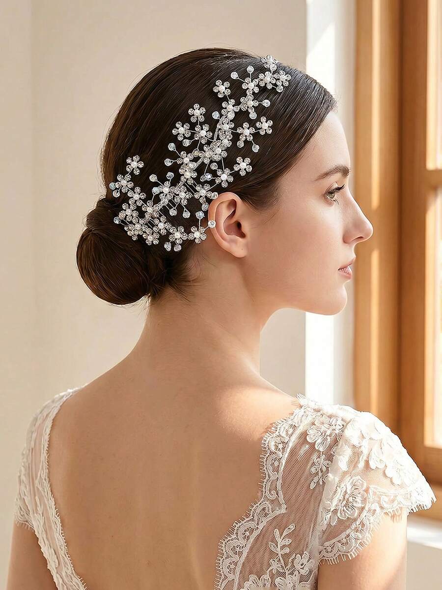 1pc Shiny Crystal Flower & Pearl Hair Comb, Elegant Women's Hair Accessory, Versatile For Daily Wear, Party, Celebration, Festival