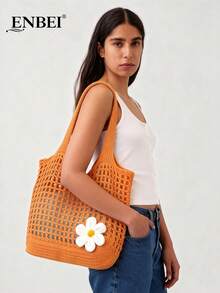 ENBEI 2026 Summer New Floral Beach Bag, Foldable Tote Bag, Practical Holiday Essential, Hollow Out Shoulder Bag For Beach, Travel, Shopping, Back To School, Suitable For Girls, Office Ladies, Students, Also Great Gift For Mother's Day, Valentine's Day Or Back To School Season - Multicolor - View 7