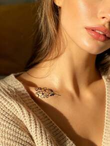 6pcs Ins Style Artistic Temporary Tattoo Stickers, Minimalist Black Patterns With Rose & Lily Elements, Suitable For DIY Hand, Shoulder, Back, Waist Daily Decoration, Photography, Dates, Travel And Daily Life,Sketch Style - Black - View 3