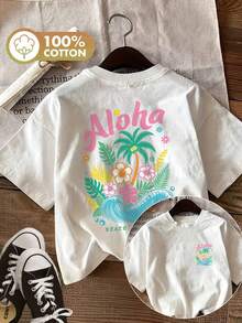 Summer Tops: Reversible Printed T-Shirt For Women, Perfect For Spring And Summer Leisurewear, With Holiday Flair, Palm Trees, Hibiscus Flowers And Waves, ALOHA STATE OF MIND Print, Round Neck, Made Of Pure Cotton, Summer Outfit. - White - View 7