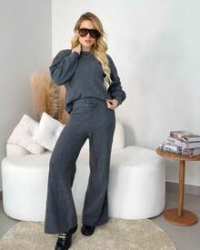 Women's Winter Mousse Knit Set - Wide-Leg Pants And Braided Blouse - 石墨 - 查看 4
