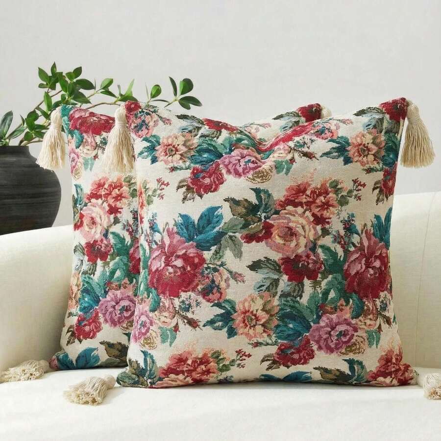 1 chiếc vỏ gối trang trí bằng vải jacquard họa tiết hoa, vỏ gối hoa hồng, gối tựa lưng sofa kiểu Victoria, gối trang trí đám cưới, gối tựa lưng sofa, vỏ gối họa tiết hoa, gối trang trí đầu giường, vỏ gối tựa lưng kiểu nhà nông thôn có tua rua, vỏ gối vuông trang trí phong cách Bohemian cổ điển. - Hoa hồng Jacquard - Đỏ - Xem 1