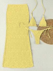 New Brown Solid Color Minimalist Elegant Beach Vacation Date Party Swimwear Set For Women, Summer - Yellow - View 2