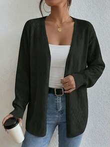 Plus Size Women's White Open Knit Cardigan, V Neck Long Sleeve Hollow Out Crochet Sweater, Casual Loose Open Front Outerwear For Spring Fall - Black - View 5