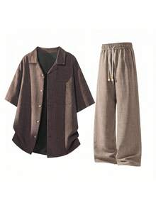 Voidago 2pcs/Set Men's Brown Colorblock Faux Linen Set, Cuban Collar Short Sleeve Shirt + High Waist Drawstring Wide Leg Pants, Loose Fit, - Coffee Brown - View 2