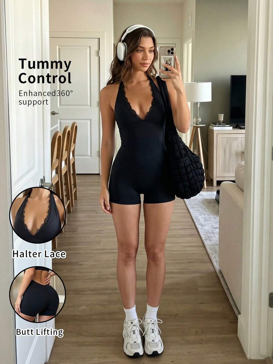 Bộ jumpsuit nữ mùa hè 2026 gợi cảm với ren, cổ yếm, cổ chữ V, hở lưng, cổ chữ V sâu, thích hợp cho tiệc tùng, thường ngày, yoga, tập thể dục. - màu đen - Xem 1