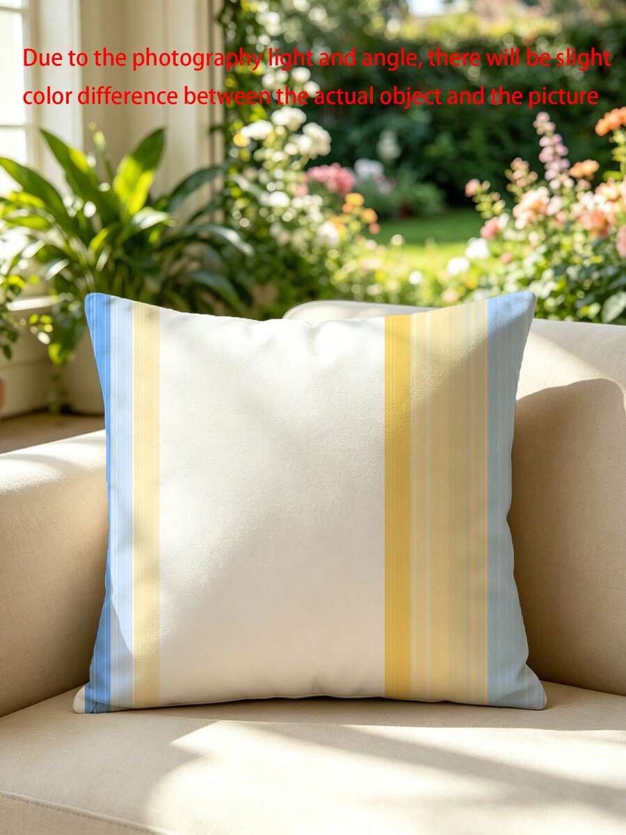 1 Peça--Capa de Almofada Decorativa com Blocos de Cores Azul Amarelo Branco e Listras Verticais Moderna Minimalista Almofada Sofá / Janela / Pousada Versátil--(Enchimento da Almofada Não Incluído)---(Múltiplos Tamanhos)---(Sem Bordado)---(Impressão Unilateral)