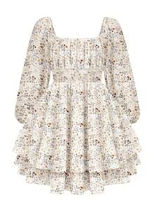 EXARUS Girls' Floral Print Square Neck Puffy Long Sleeve Pleated Waist Layered Ruffle Flowing A-Line Mini Skater Dress Casual Party Sun Dress For Teenagers 8-14 Years Old - 淺卡其小花 - 查看 1