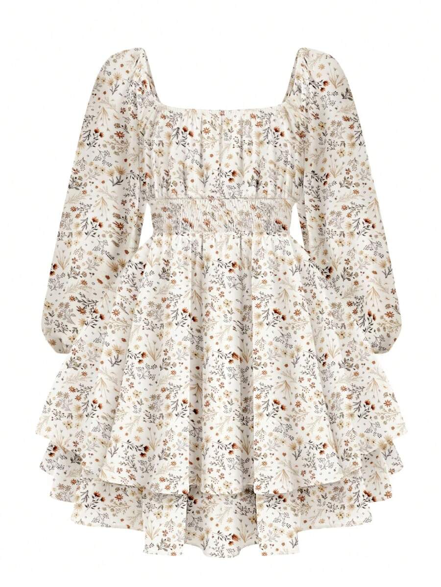 EXARUS Girls' Floral Print Square Neck Puffy Long Sleeve Pleated Waist Layered Ruffle Flowing A-Line Mini Skater Dress Casual Party Sun Dress For Teenagers 8-14 Years Old - 淺卡其小花 - 查看 1